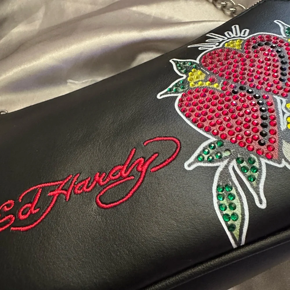 Ed Hardy Black Shoulder Bag with Red and Green Embroidery - Picture 3 of 4